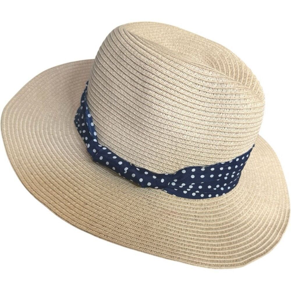 Womens Anthropologie Hatattack Navy Straw Polka Dot Trim Raffia Bucket Beach Hat